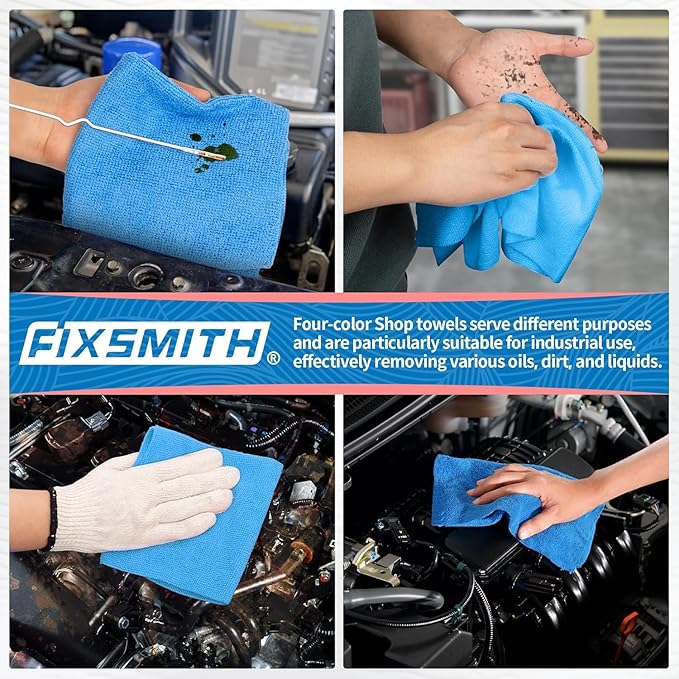 FIXSMITH Microfiber Cleaning Cloth, Shop Towels Bulk, 24 Pack Blue Microfiber Towels for Cars, All-Purpose Absorbent Cleaning Rags, Dust Cloth for Automotive, Mechanic, Garage, Bar, 12 x 11 inch