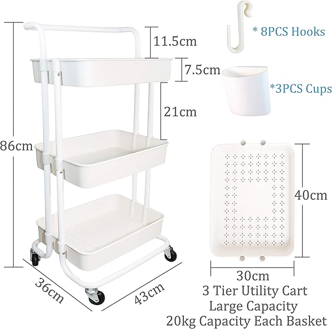 3 Tier Utility Rolling Cart Multifunction Organizer Shelf Storage Cart with 3 Pieces Cups and 8 Pieces Hooks for Home Kitchen Bathroom Laundry Room Office Store etc. (White)