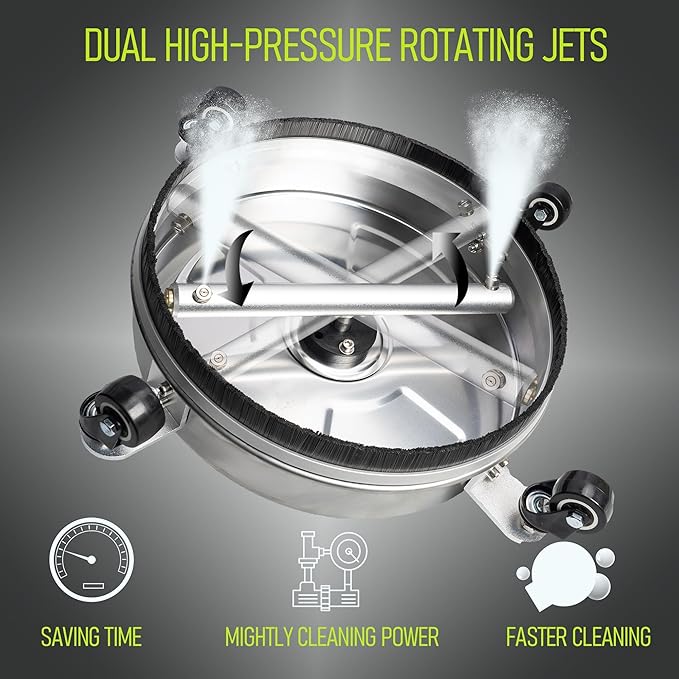 Hourleey 14" Pressure Washer Surface Cleaner, Stainless Steel Surface Cleaner with 4 Wheels for Concrete, Patio, Sidewalk, Deck, Pathway 1/4" Quick Connector, 2 Extension Wand, 4000 PSI