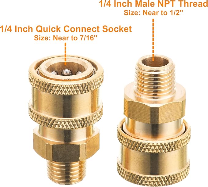RIDGE WASHER Pressure Washer Couplers, Brass Fittings, 1/4 Inch Quick Connect to Male NPT Thread, 5000 PSI, 2 Pack