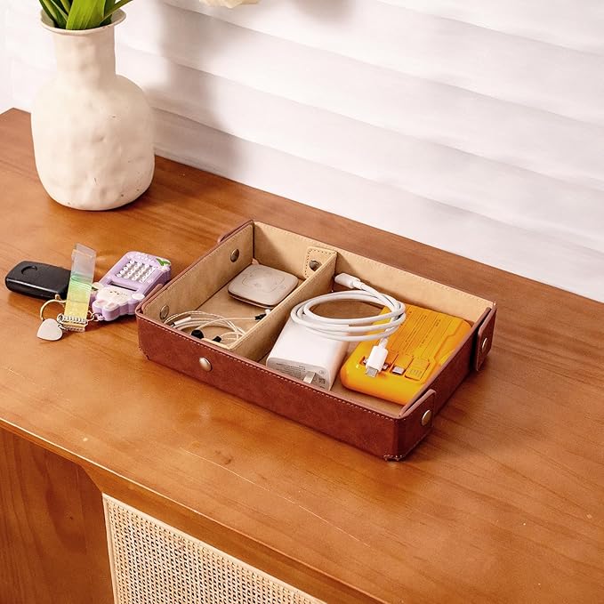 BONNY DODO Valet Tray for Men PU Leather Tray Organizer with Partition, Storage Keys, Watch & Practical Storage for Table Nightstand Living Room Bedroom (khaki)