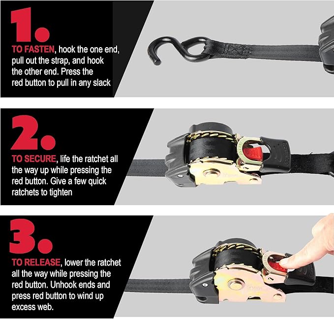 Erickson Pro Series 1in x 10ft Black Retractable Ratcheting Tie-Down Straps, Heavy-Duty Secure Hold, 1500 lb Load Capacity, Pack of 2