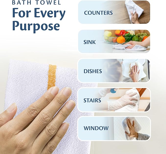 Universal Cleaning Towels, Gold Striped-White Bulk 120 Pack, 16” X 19” 100% Cotton Fully Bordered Commercial Grade Terry Weave Cloth Bar Mops for Everyday Restaurant or Home Use