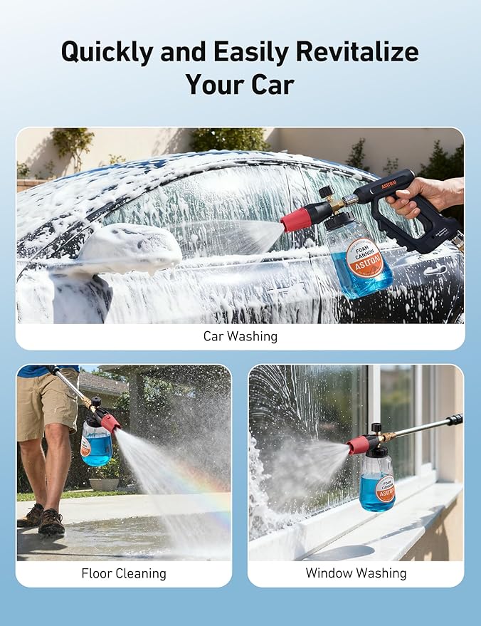 AstoAI Foam Cannon for Pressure Washer, Snow Clear Foam Cannon, Wide Neck Foam Blaster Adjustable Nozzle for Car Wash Accessories, with 1/4 Inch Quick Connector, 1 L Clear Bottle