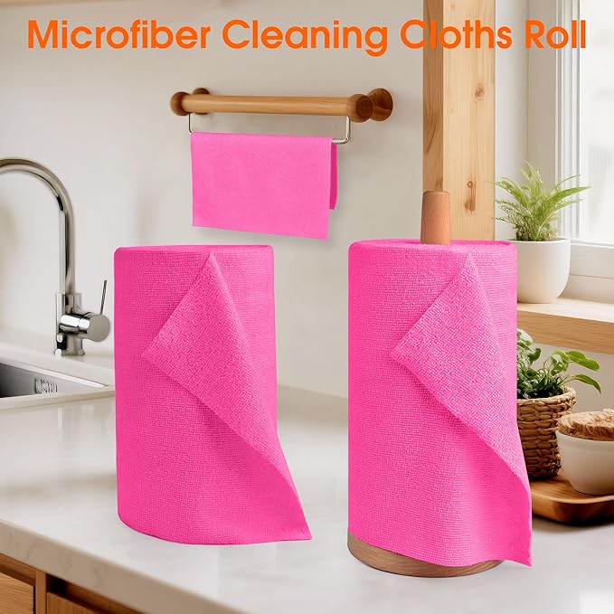 Microfiber Cleaning Cloth Roll - 100 Pack Tear Away Microfiber Paper Towels, Reusable, Washable, Scratch-Free, Kitchen Towels for Car, Home, Kitchen, Glass, Dishes (Hot Pink)