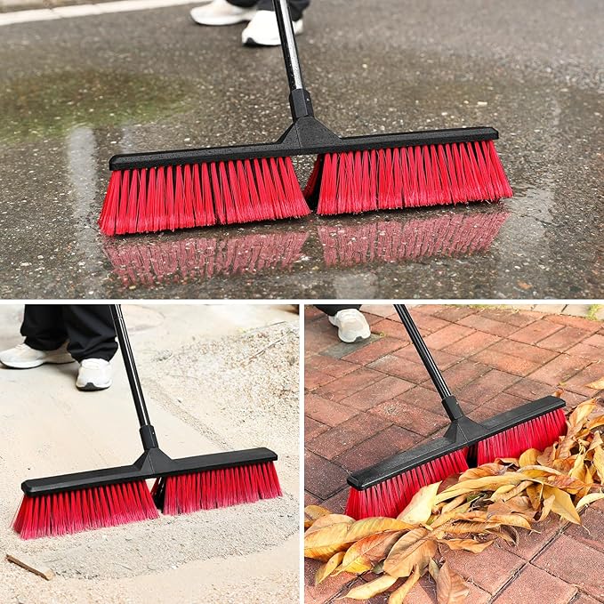 24" Push Broom with 63" Long Handle, Heavy Duty Broom for Floor Sweeping, Stiff Bristles Broom Brush for Workshop, Garage, Concrete, Patio and Deck