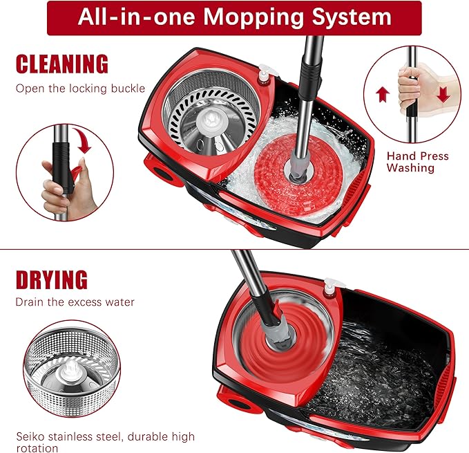 FunClean 360° Spin Mop and Bucket Set with Wringer, 4 Extra Microfiber Heads, 61" Extended Handle for Effortless Floor Cleaning, 2X Wheel Design - Black