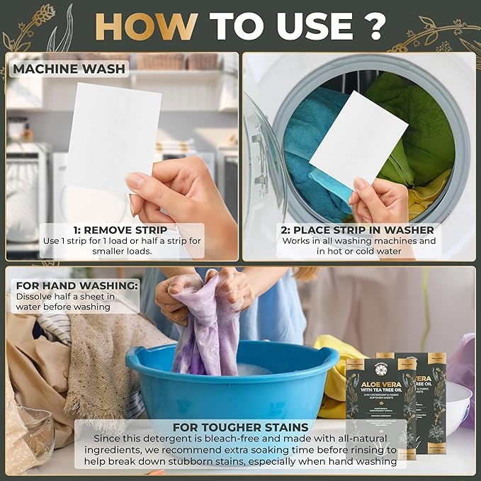 Natural Laundry Detergent Sheets & Fabric Softener | Eco-Friendly|Fragrance-Free & Hypoallergenic Up to 100 Loads | Aloe Vera & Pure Tea Tree Oil | Plant-Based, Biodegradable, Enzyme Powered,Baby Safe
