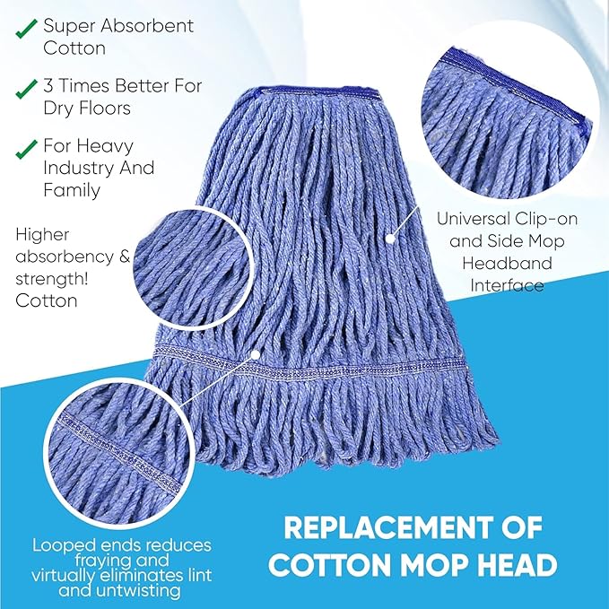 20oz Heavy Duty Cleaning Mop Head Replacement - Commercial Replacement, Wet Industrial Blue Cotton Looped End String Head Refill (10 Pack)