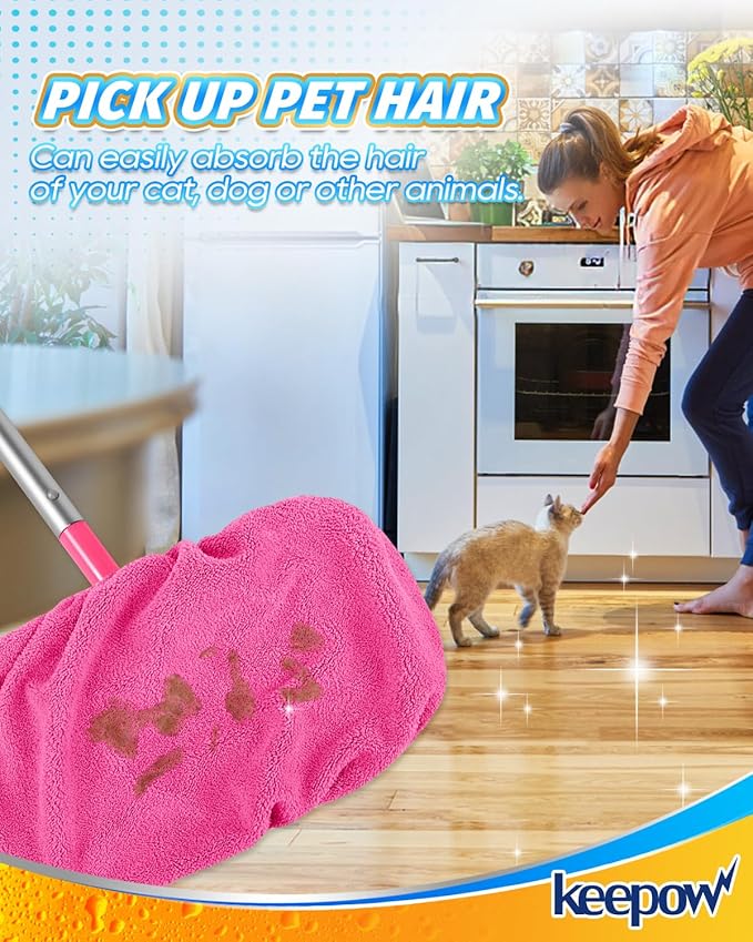 Keepow 8 Pack Reusable Mop Pads Compatible with Swiffer Sweeper, Coral Fleece Washable Swiffer Mop Pads, Dry & Wet Sweeping Mopping Cloths (Pink, Not Included Mop)