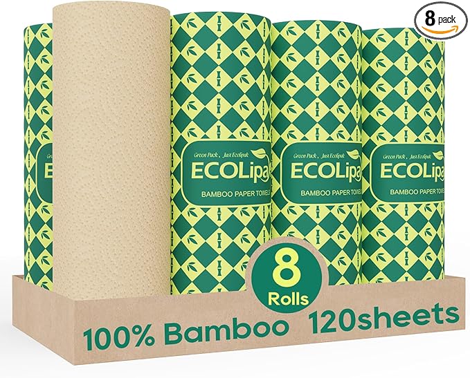 ECOlipak Paper Towels - 8 Rolls, 2 Ply 120 Sheets- Plastic Free, Tree Free, Compostable, Disposable Kitchen Paper Towels, Soft and Absorbent, PFAS Free, Nature