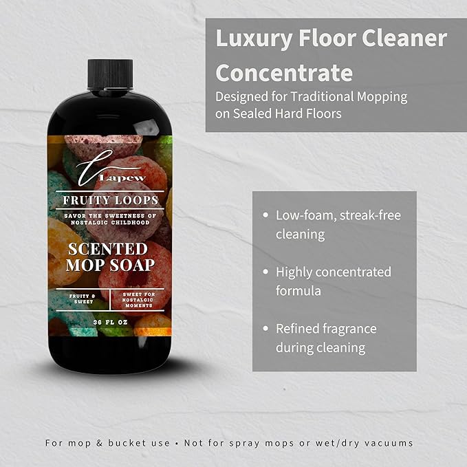 Luxury Floor Cleaner, Scented Mop Soap Concentrate | Hard Floor Cleaner for Tile, Vinyl, Laminate, LVP & Sealed Hardwood | Low-Foam, Streak-Free | 36 oz | Fruity Loops