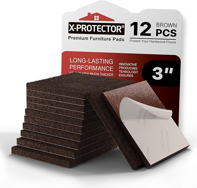 X-PROTECTOR Felt Furniture Pads - 12 PCS 3" - Felt Pads Floor Protectors - Chair Felt Pads - Felt Pads for Furniture Feet - Furniture Pads for Hardwood Floors - Protect Your Floors! (Brown, Square)