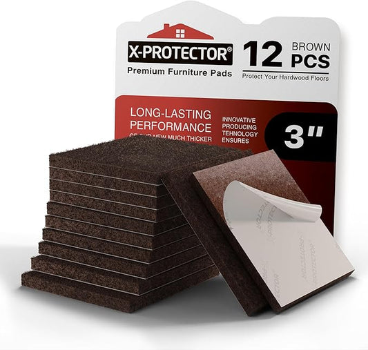 X-PROTECTOR Felt Furniture Pads - 12 PCS 3" - Felt Pads Floor Protectors - Chair Felt Pads - Felt Pads for Furniture Feet - Furniture Pads for Hardwood Floors - Protect Your Floors! (Brown, Square)