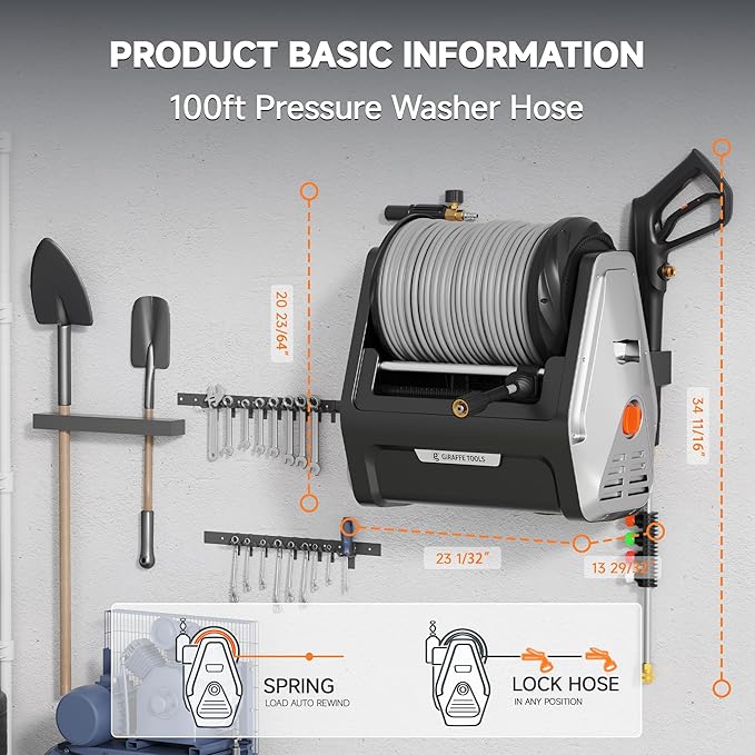 Giraffe Tools Wall Mounted Pressure Washer with 100ft Detachable Hose, Max 2900 PSI 2.2 GPM Electric Power Washer with 1800W Motor, Automatic Rewind, Any Length Locky