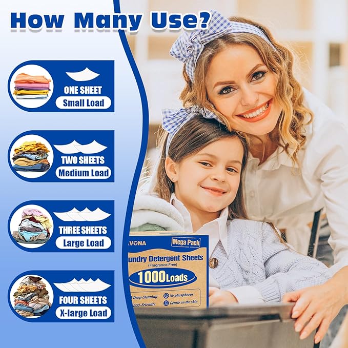 1000 Loads Mega Pack Laundry Detergent Sheets, Eco-friendly Laundry Sheets, Powerful Cleaning, Suitable for Homes, Dorms, and Apartments- [Fragrance-Free]