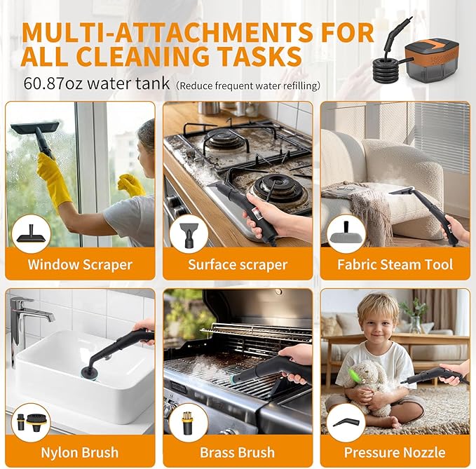 Steam Cleaner,3-Level Adjustable Handle,60.87oz Tank 15s Heat-Up,2500w Portable Steamer for Cleaning,Handheld Steam Cleaner for Home for Dirt,Grease,Bed Bugs,Grout,Tile,Floor,Car