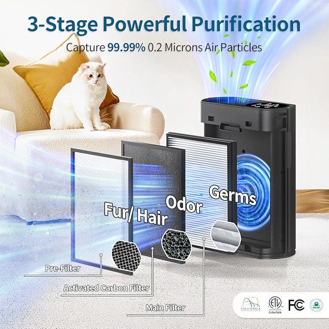 Air Purifier for Large Room, Cleans 2,400 ft² in 30 Mins, 3-Stage True HEPA, 360° Airflow, Large Touch Display Control, Real-Time Air Quality (PM2.5) Display, Ultra-Quiet 20dB Sleep Mode, HAP602 Black