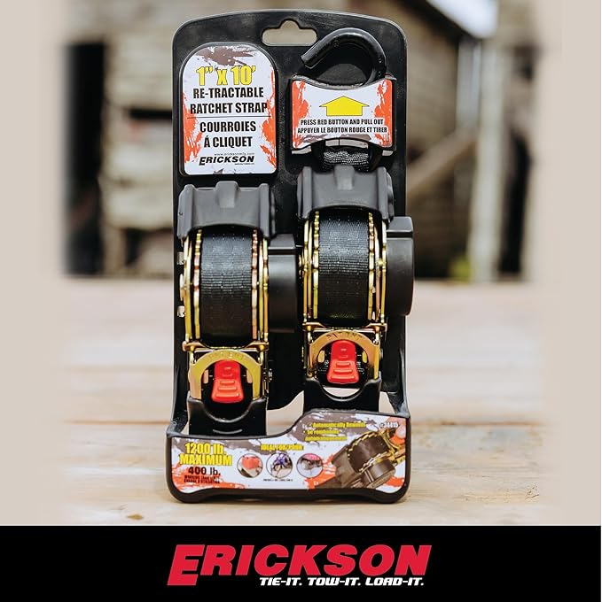Erickson Pro Series 1in x 10ft Black Retractable Ratcheting Tie-Down Straps, Heavy-Duty Secure Hold, 1500 lb Load Capacity, Pack of 2