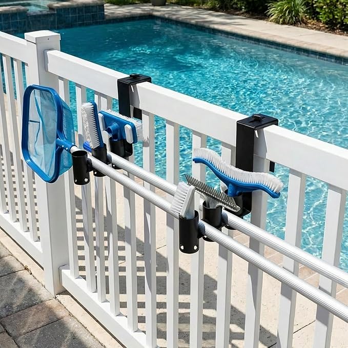 Adnee 2 Pcs Adjustable Pool Fence Hooks, Metal Pool Fence Hangers Suitable for 1.4-3.1 Inch Railing, Hanging Pool Tool Organizer for Poles Brushes Swimming Accessories Cleaning Tools