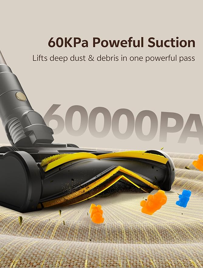 Ultenic Cordless Vacuum Cleaner, 600W 60KPA 65mins Vacuum Cleaners for Home, Cordless Stick Vacuum with Green Light, Self-Standing & 180° Lay-Flat, Anti-Tangled Brush for Floor/Carpet/Pet Hair