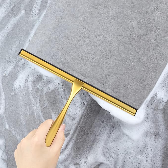 Shower Squeegee for Glass Doors,10-Inch Shower Glass Squeegee, Gold Shower Squeegee for Shower Doors,Mirror,Windows, with Shower Door Hook and Adhesive Hook