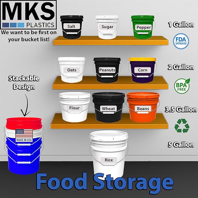 2-Gallon Bucket with Airtight Lid – Heavy-Duty Extra Durable Pail – Made in USA – Premium Quality HDPE – Food Grade – BPA Free – Metal Handle with Plastic Grip – Stackable – Multi-Use – Black, 5 Pack