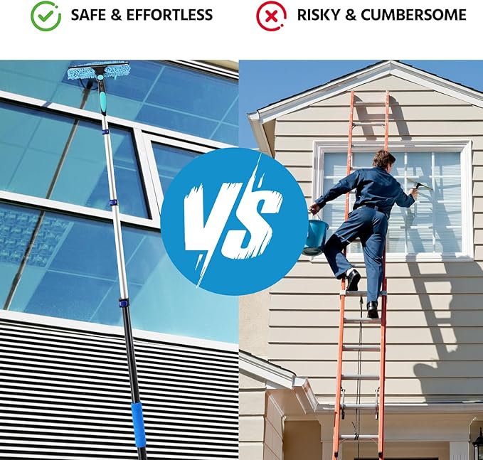 23FT High Reach Duster Cleaning Kit with Extension Pole, Ceiling Fan Cleaner Duster with 4-16.5 ft Telescoping Pole, 2 in 1 Squeegee for Window Cleaning, Spider Web Brush for Shower Glass Car Cleaning
