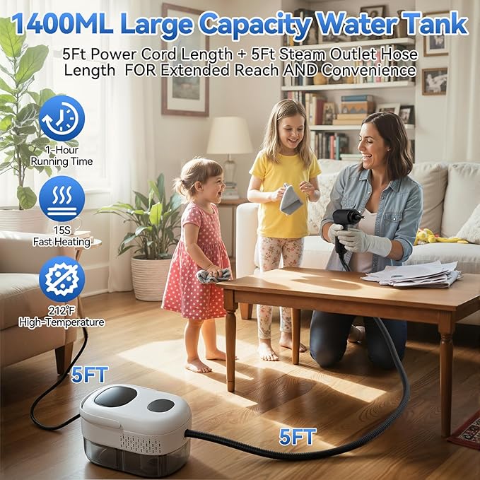 Steam Cleaner,2500W High-Pressure Steamer for Cleaning, 15s Fast Heat-Up&1.4L Large Tank,3-Level Adjustable Handle with 14 Accessories,Portable Steam Cleaner for Home,Car,Furniture,Bathroom