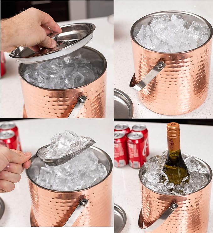 BIRDROCK HOME Ice Bucket with Scoop & Lid - 2.8 Liter Hammered 18/8 Stainless Steel Double Wall Insulated Container with Carrying Handle - Ideal for Parties, Cocktails, and Beverages - Copper