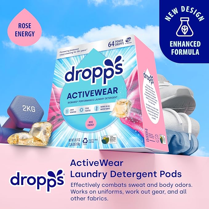 Dropps Activewear Laundry Detergent Pods, Rose Energy (64 Count) - Biobased Power Laundry Pods Fights Tough Stains & Odors, Sweat & Dirt - HE Compatible Laundry Supplies for Clean Sport Clothes