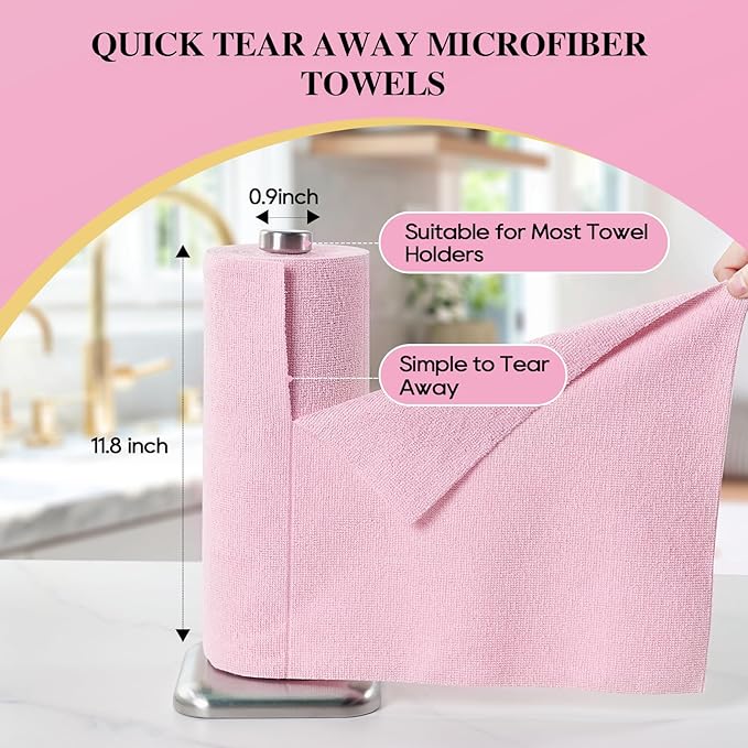 Honova Microfiber Cleaning Cloth Roll-90 Pack, Tear Away Towels，Paper Towel Alternative, 12" x 12"，Reusable, Washable, Scratch Free, Highly Absorbent Dish Rags for Car, Home, Garage or Shop(Pink&Grey)