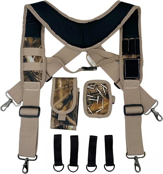 Tool Belt Suspenders for Work Belt Heavy Duty Padded with Magnetic WristBand Attachment Loops for Men (Camouflage)
