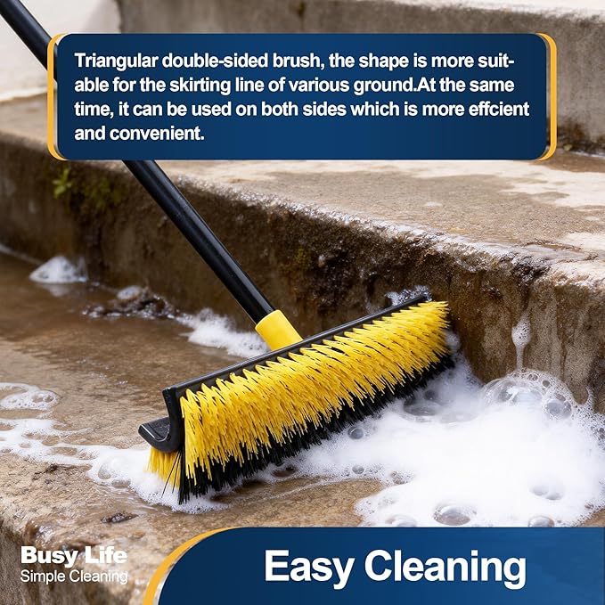 Yocada Double-Sided Floor Scrub Brush Triangle Brush Corner Crevice Cleaning Heavy Duty Stiff Bristle 65.5" for Cleaning Patio Bathroom Garage Kitchen Wall Deck Tub Tile