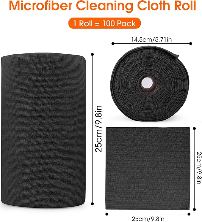 Microfiber Cleaning Cloth Roll - 100 Pack Tear Away Microfiber Paper Towels, Reusable, Washable, Scratch-Free, Kitchen Towels for Car, Home, Kitchen, Glass, Dishes (Black)