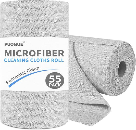55 Pack Microfiber Cleaning Cloth Roll, Tear Away Reusable Towels, 11" X 9", Ultra Absorbent & Lint Free Microfiber Cloth for Cleaning Cars, Kitchen, Window, Home and Shop, Grey