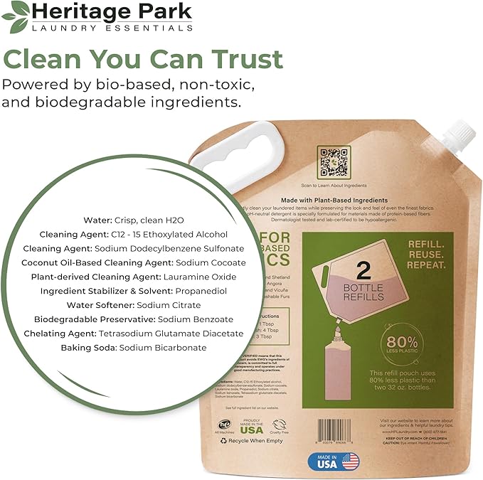 Heritage Park Silk & Wool Fragrance Free, Hypoallergenic, pH-Neutral Laundry Detergent - Dermatologist-tested, Sensitive Skin-Friendly, Enzyme-Free, Ultra Concentrated (64 fl oz Refill)