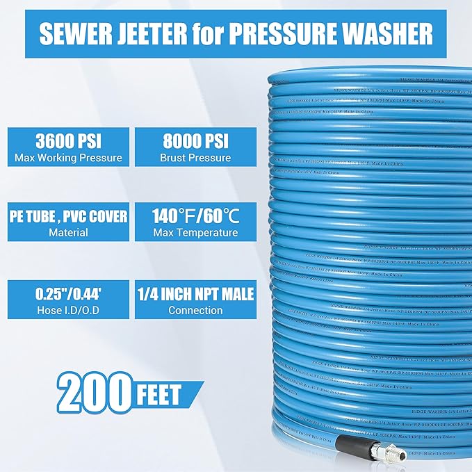 RIDGE WASHER Sewer Jetter Kit for Pressure Washer 200FT, 3600 PSI Drain Cleaning Hose with Short Pressure Washer Gun, 1/4 Inch NPT Corner, Rotating and Button Nose Sewer Jetting Nozzle