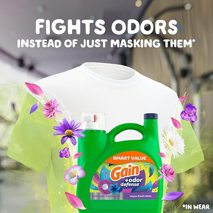 Gain + Odor Defense Liquid Laundry Detergent, Super Fresh Blast Scent, 107 Loads, HE Compatible Washing Soap