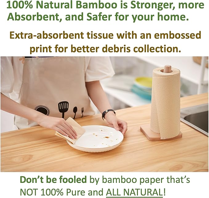 100% Bamboo Paper Towels, Tree-Free, Chemical-Free, Lint-Free, Durable, Absorbent, Select-a-Size 2-Ply, 90 Sheets Per Roll. (PT 18 Rolls)