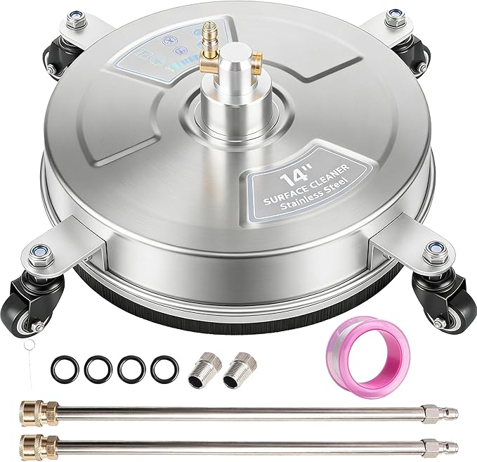 Hourleey 14" Pressure Washer Surface Cleaner, Stainless Steel Surface Cleaner with 4 Wheels for Concrete, Patio, Sidewalk, Deck, Pathway 1/4" Quick Connector, 2 Extension Wand, 4000 PSI