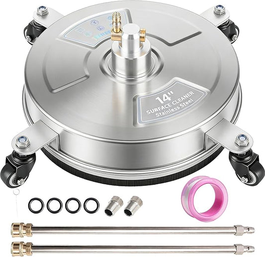 Hourleey 14" Pressure Washer Surface Cleaner, Stainless Steel Surface Cleaner with 4 Wheels for Concrete, Patio, Sidewalk, Deck, Pathway 1/4" Quick Connector, 2 Extension Wand, 4000 PSI