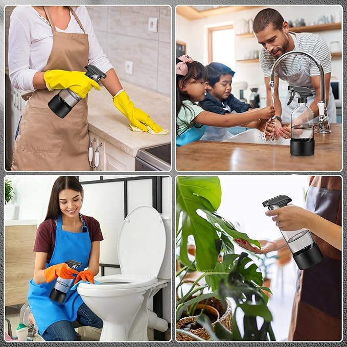 3 Pcs 16oz Empty Glass Spray Bottle with Black Silicone Sleeve Protection - Refillable Boston Round Containers with Adjustable Nozzle for Cleaning Solutions, Essential Oils, Misting Plants, Gardening