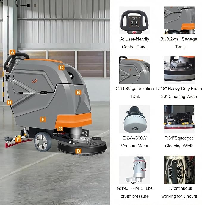N3 20" Walk-Behind Floor Scrubber Machine - 31" Squeegee, 13-Gal Recovery Tank, 190 RPM, User-friendly, Complete Kit