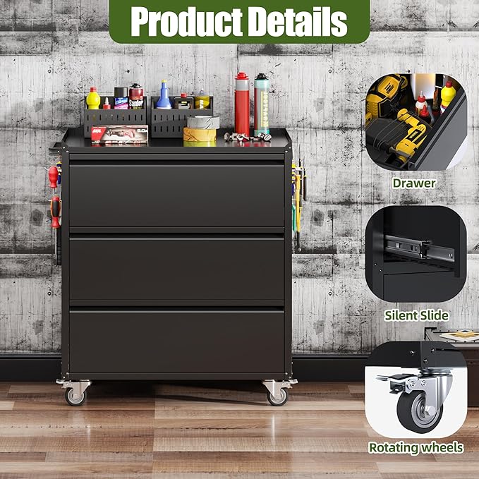 SUXXAN Metal Storage Cabinet with 3 Drawer and 4 Hooks,35.4" H Top Workbench Mobile Tool Chests Garage Cabinets with 4 Wheels,Tool Cabinets for Home,Office,Shop