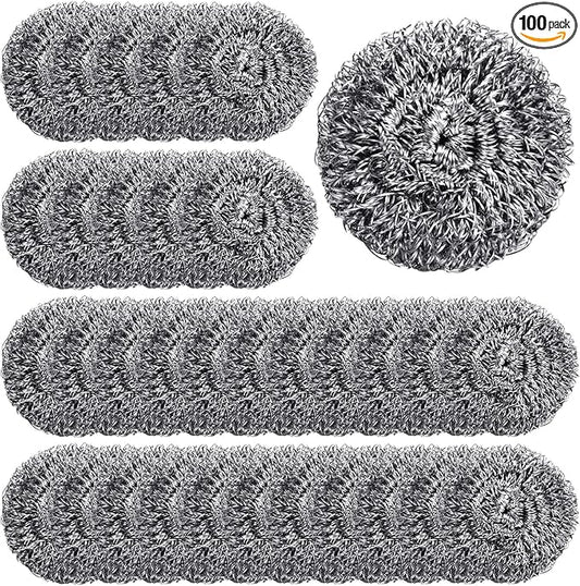 Yinkin 100 Pieces Stainless Steel Scrubber Bulk Steel Wool Scrubber Metal Sponge Wire Scouring Pad Heavy Duty Clean Dish Pot Pan and Oven for Kitchen, Bathrooms, and More