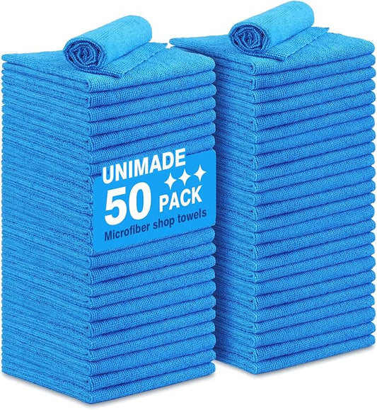 Shop Towels Rags, 50 Pack Reusable Shop Rags Bulk Microfiber Cleaning Cloth Lint Free Cleaning Towels for Car Kitchen Automotive Bar Mechanic Restaurant Garage, 11.5"x 11.5", Blue