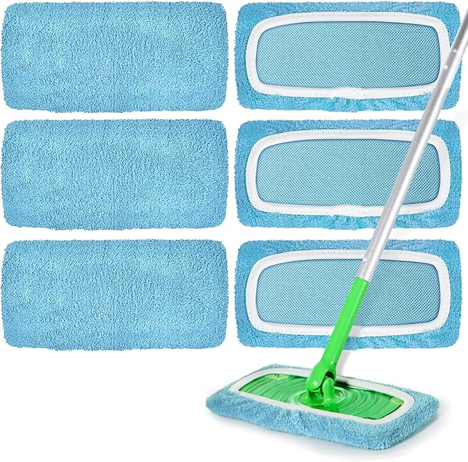 Reusable Mop Pads Compatible with Swiffer Sweeper Mop, Microfiber Mop Pads for Wet & Dry Use, Swiffer Reusable Mop Pad Refill for Floor Cleaning, 6 Pack Blue