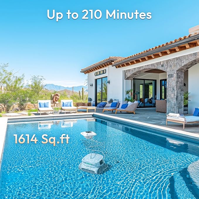 Robotic Pool Cleaner, Pool Vacuum Cleaner with Dual Inlet for Above/In ground Pools up to 1,614 Sq.ft, 210 Mins Runtime, Wall/Floor Cleaning, Waterline Tech, Smart Navigation, APP/Cloud Control