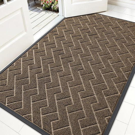 OLANLY Front Door Mat Indoor Outdoor Entrance, Waterproof All-Season, All-Weather Doormat, Sturdy Natural Rubber, Low Profile, Easy Clean Patio Porch Entryway Mat, Herringbone Brick (Brown, 59x35)